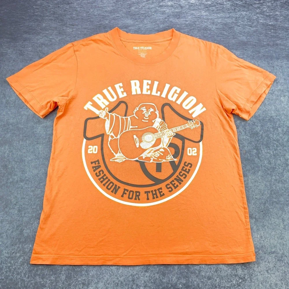 True Religion Mens Buddha Guitar Graphic T-Shirt Orange 100% Cotton Medium